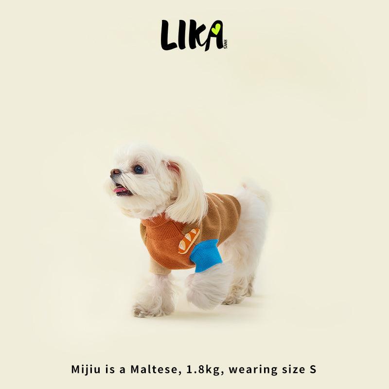 Small white dog wearing a brown sweater with a blue patch on a beige background, featuring the brand &
