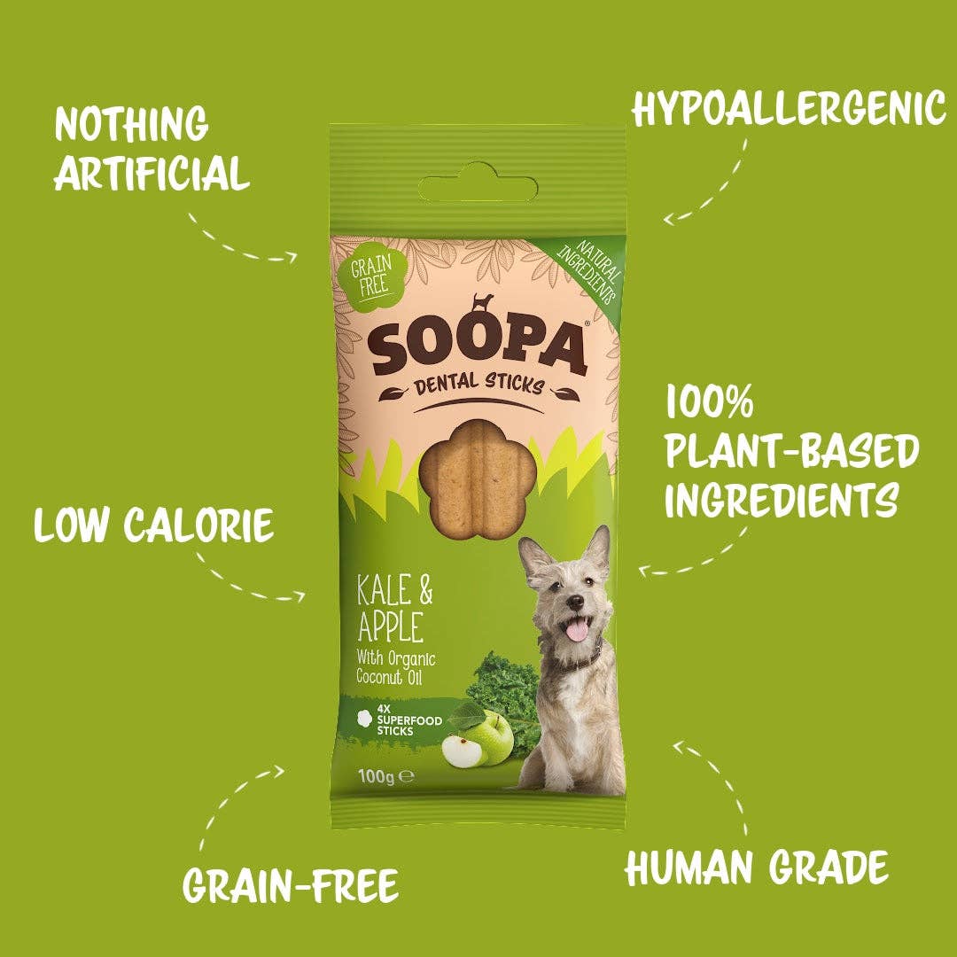 Package of Soopa Dental Sticks for dogs on a green background with product features highlighted.