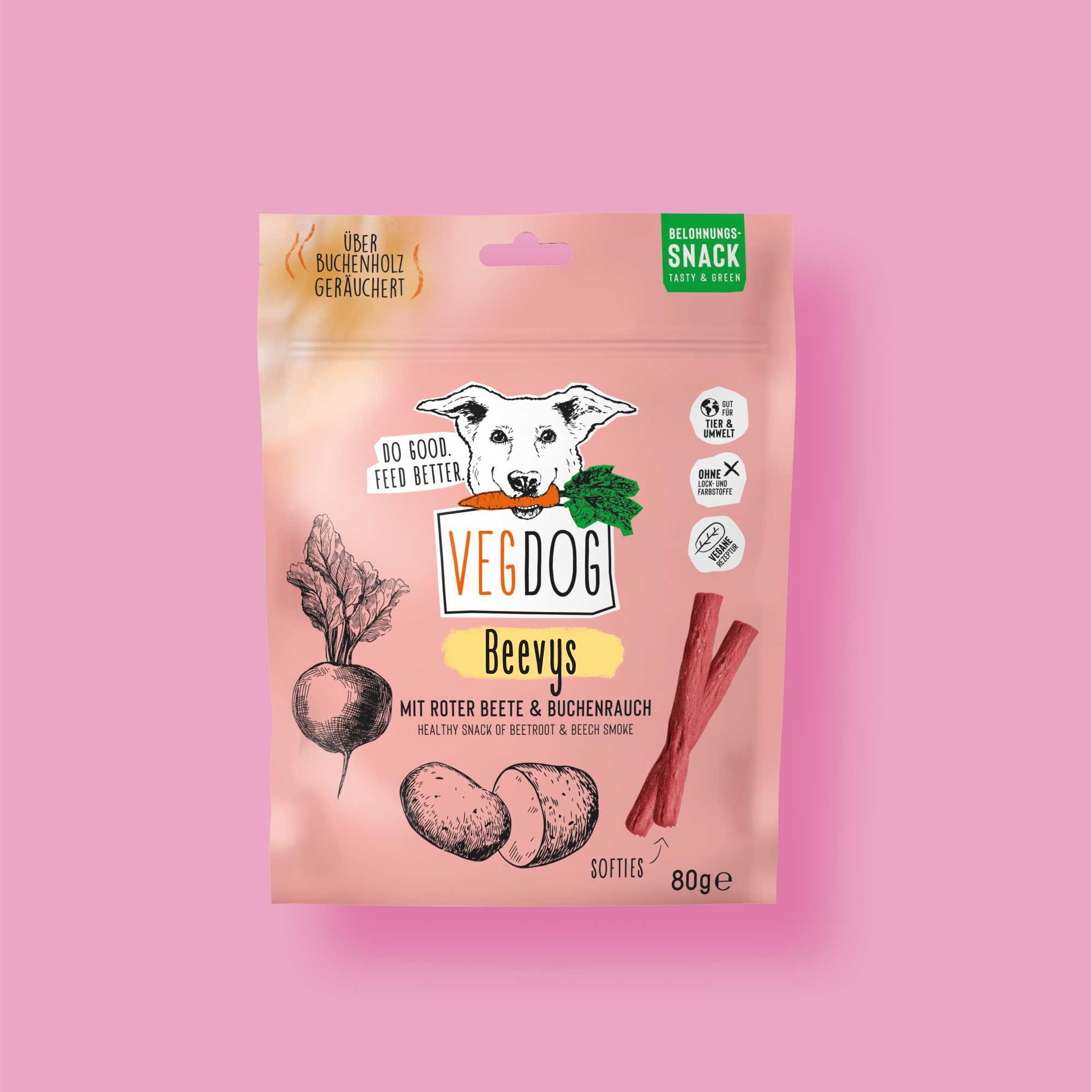VegDog Beevys snack package on a pink background