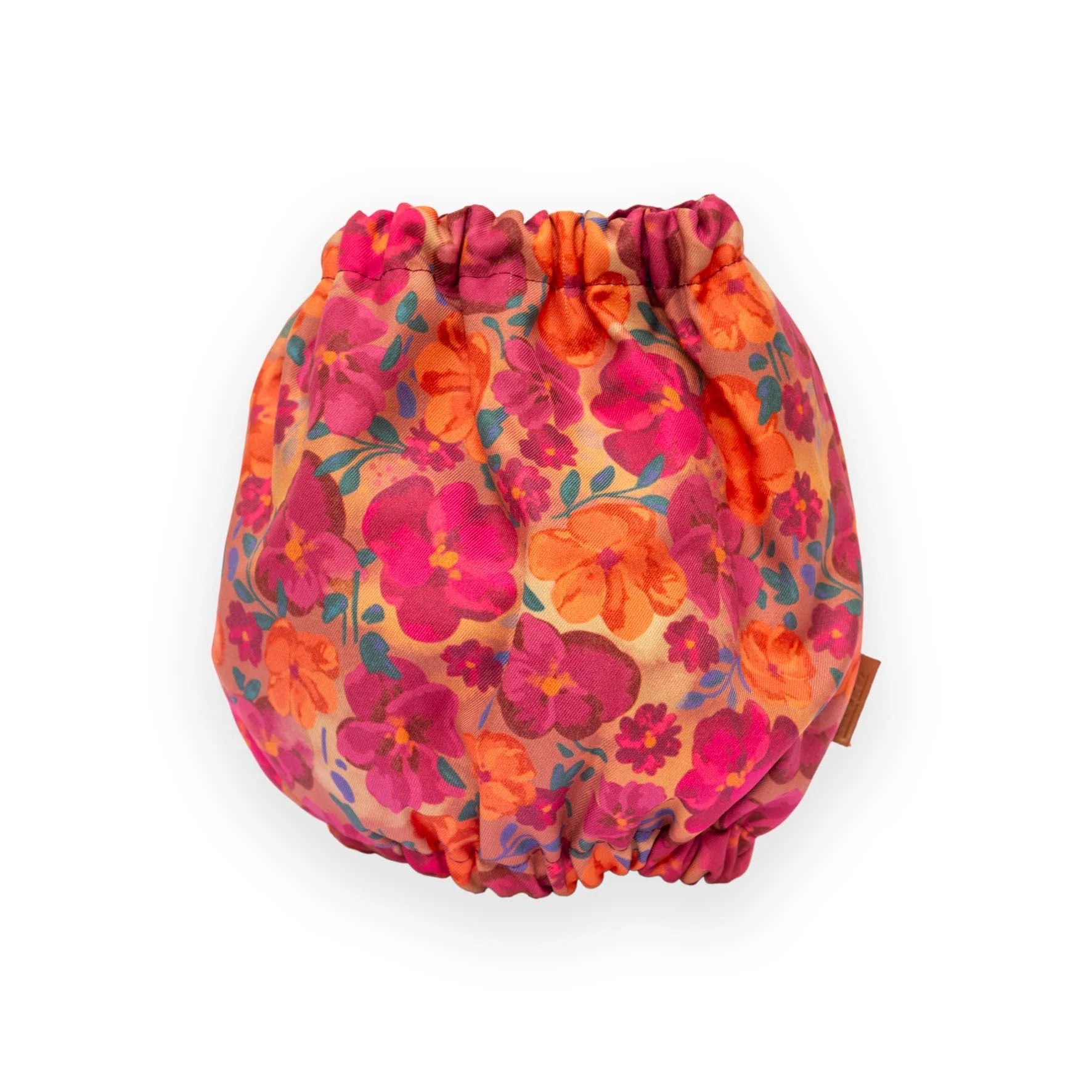 Floral-patterned drawstring bag on a white background