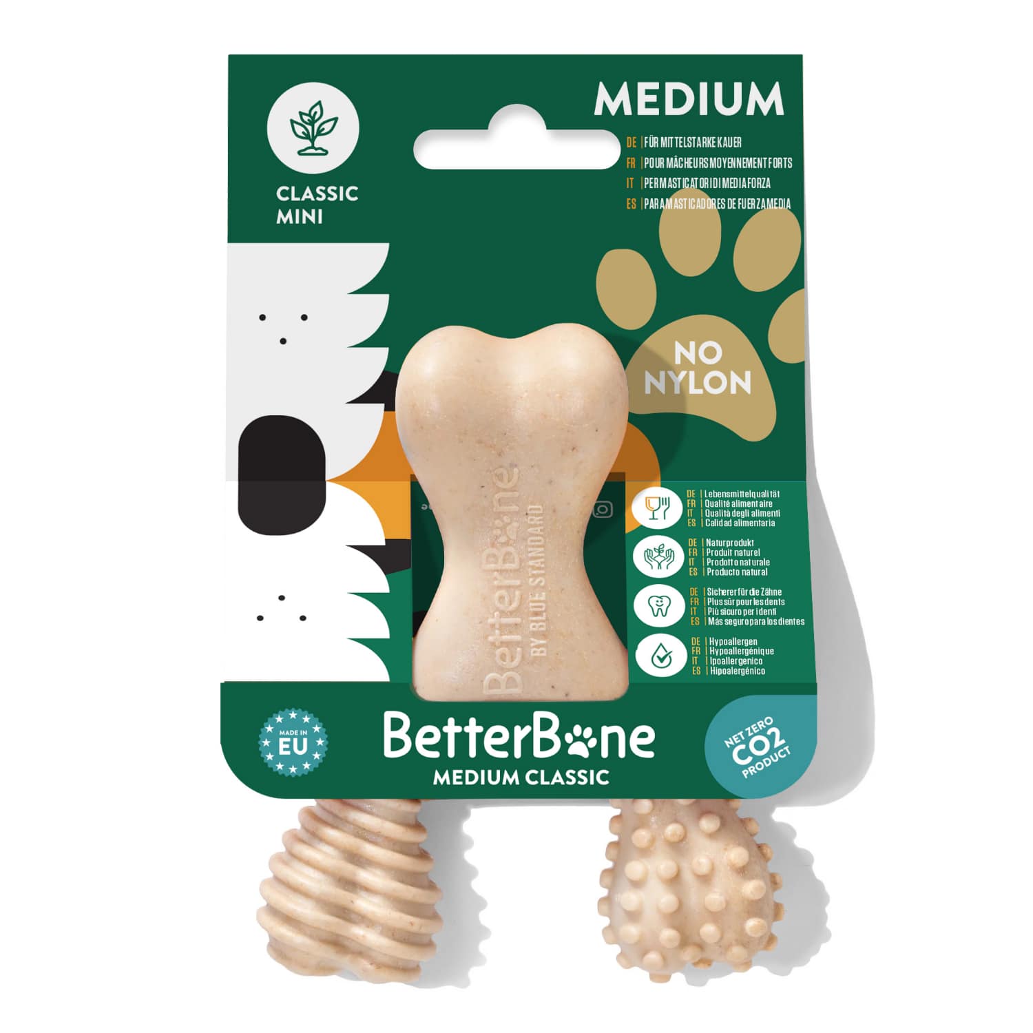 BetterBone dog toy packaging with a green label on a white background