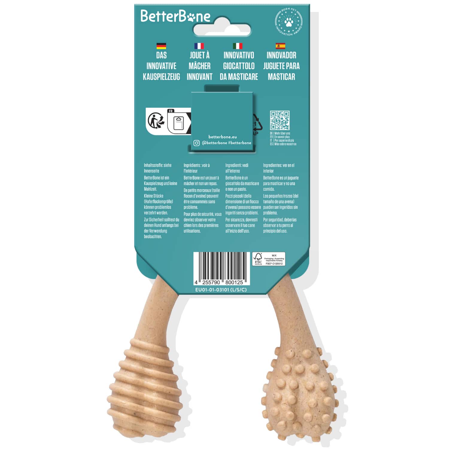 Dog chew toy with packaging displaying &