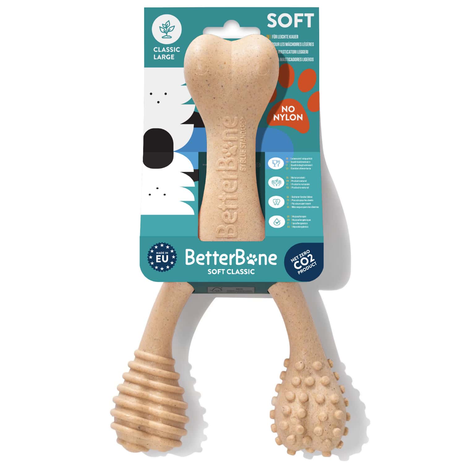 BetterBone soft dog chew toy with packaging on a white background