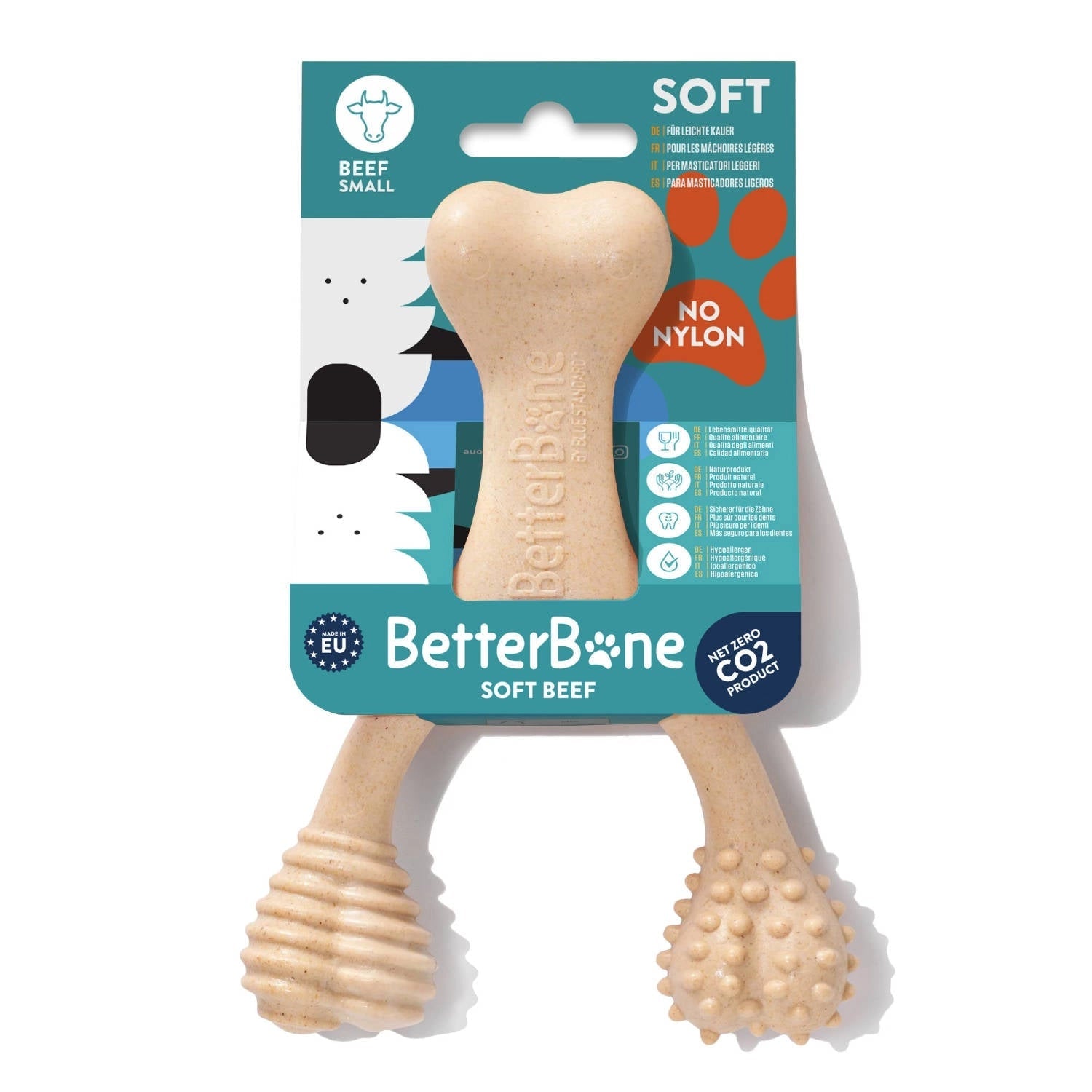 BetterBone soft beef dog chew toy with packaging on a white background