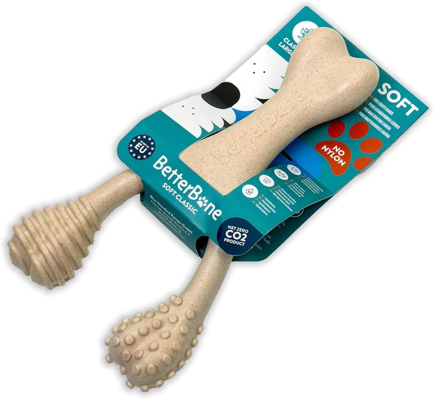 Dog chew toy with textured handle and bone-shaped handle on a white background