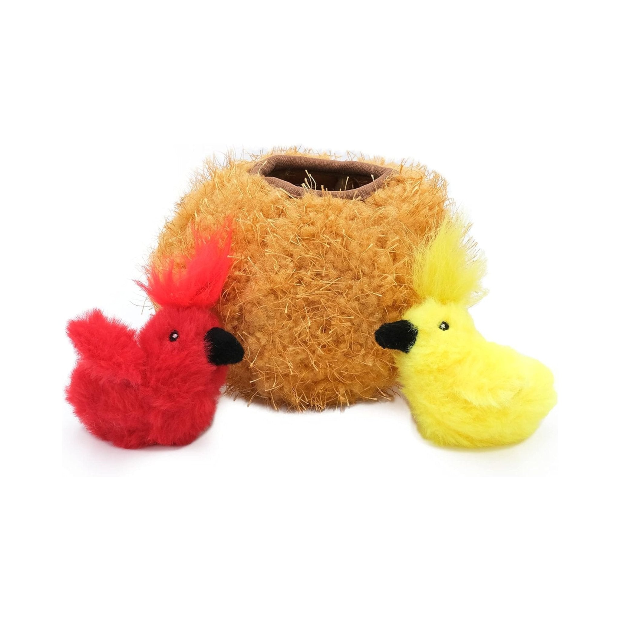 Two colourful bird-shaped toys on a white background