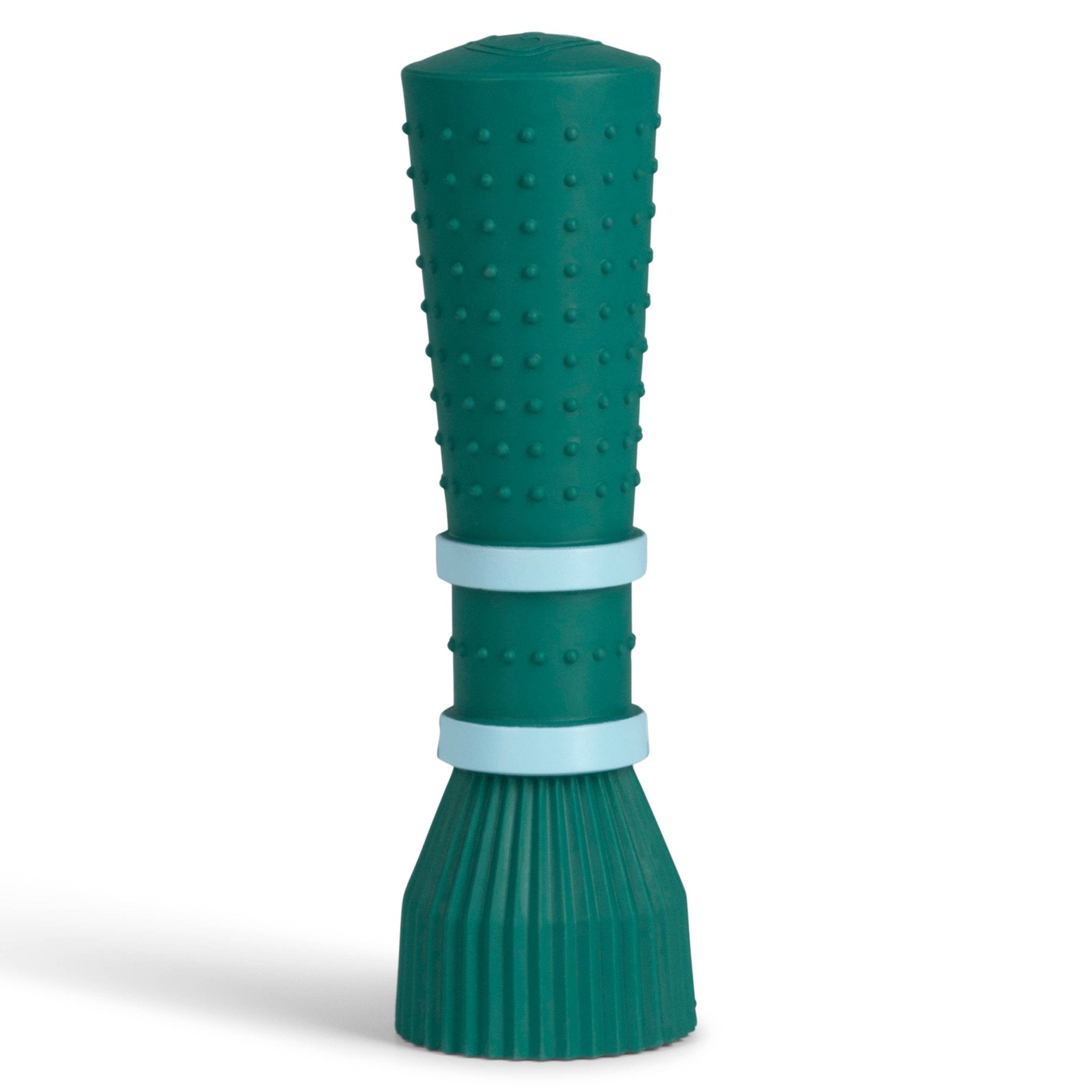 Bright green rubber Zoomies cone dog toy with textured surface and squeaker
