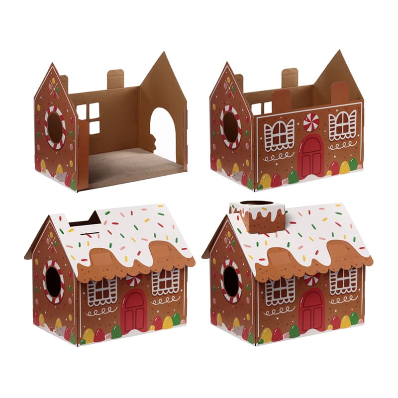 Christmas Gingerbread Lane Cat Playhouse – Cardboard Cat Den with Scratch Mat - Share Happy Outfits