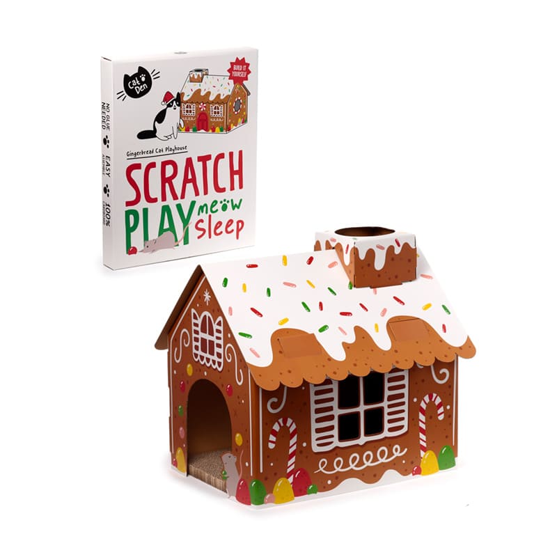 Christmas Gingerbread Lane Cat Playhouse – Cardboard Cat Den with Scratch Mat - Share Happy Outfits