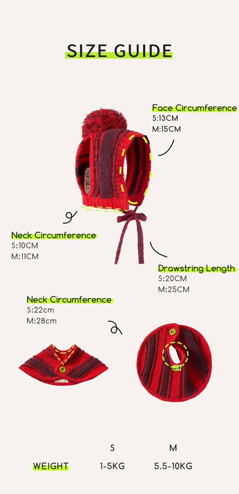 Size guide for a red and black headband with measurements and weight information.
