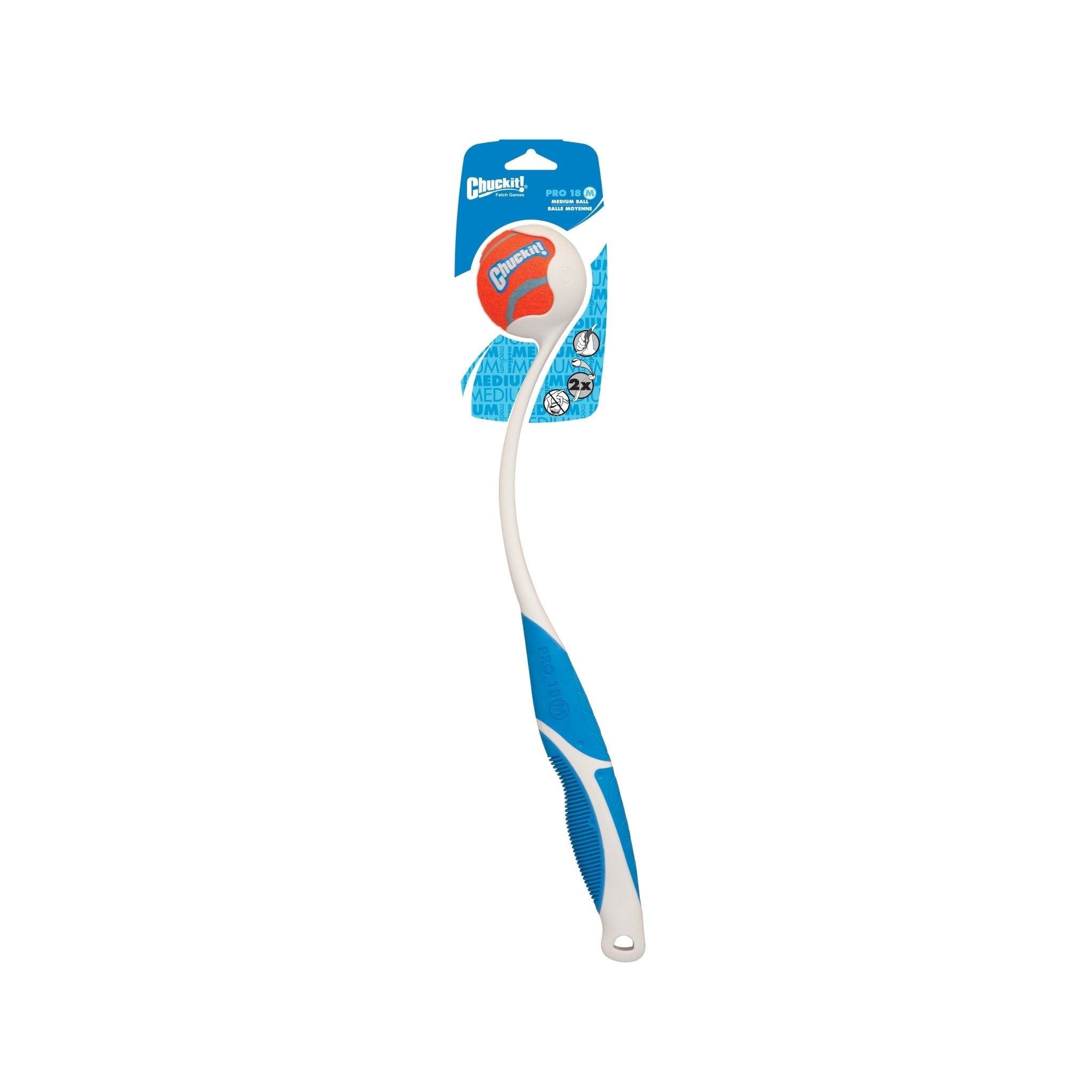 Blue and white dog toy with packaging on a white background