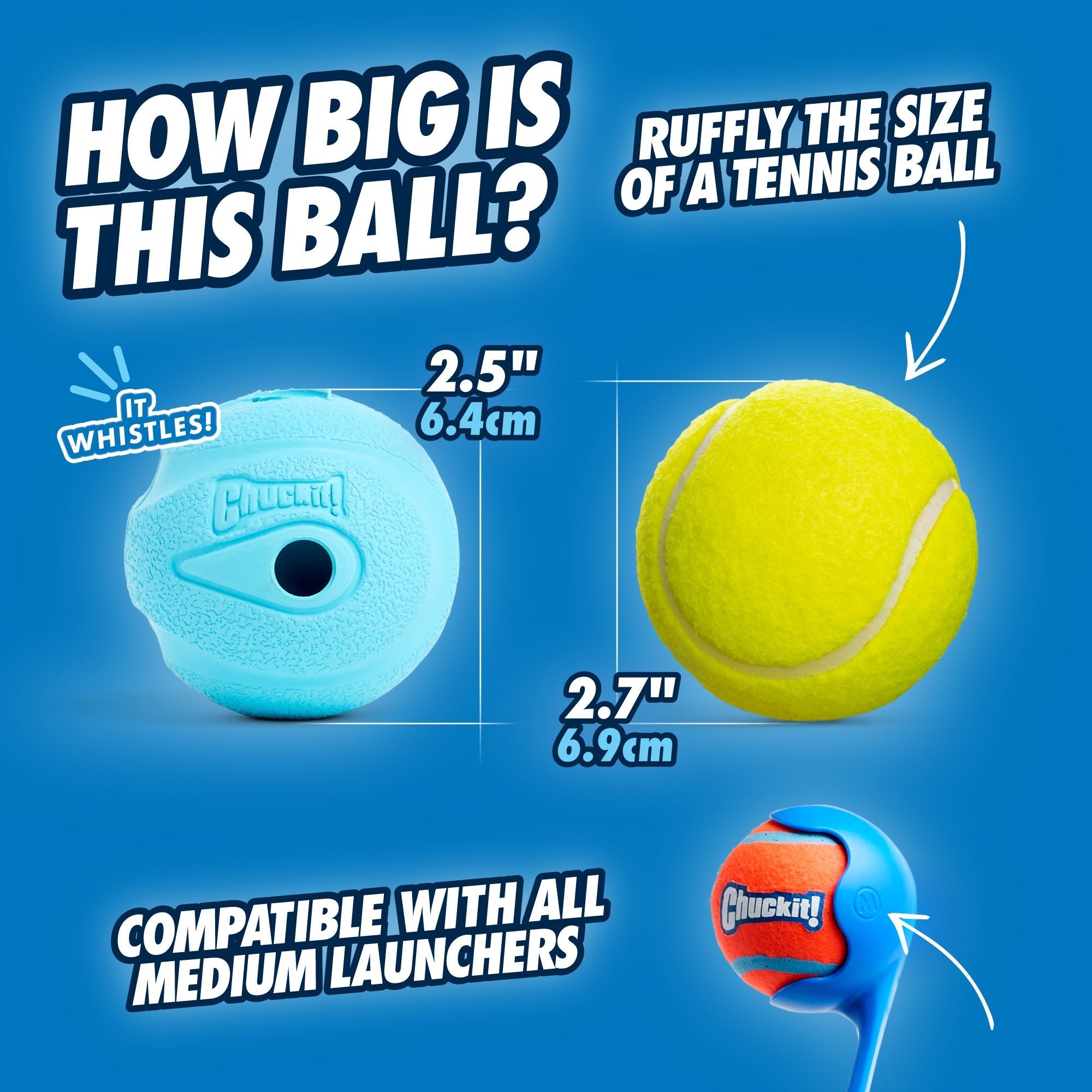 Comparison of a blue ball and a tennis ball with text indicating size and compatibility.