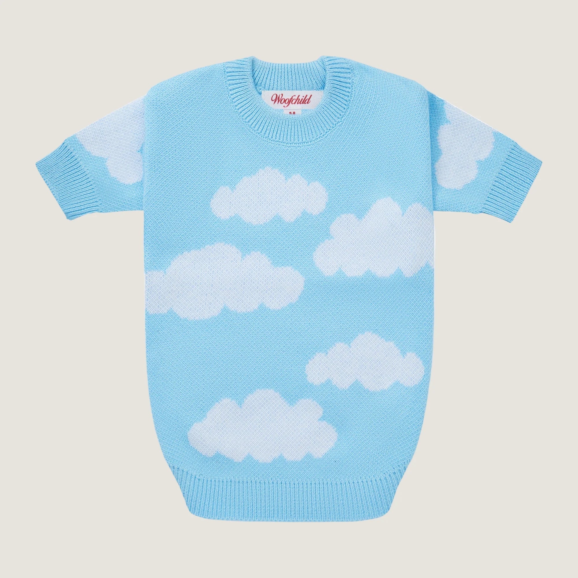 Light blue sweater with cloud pattern on a beige background