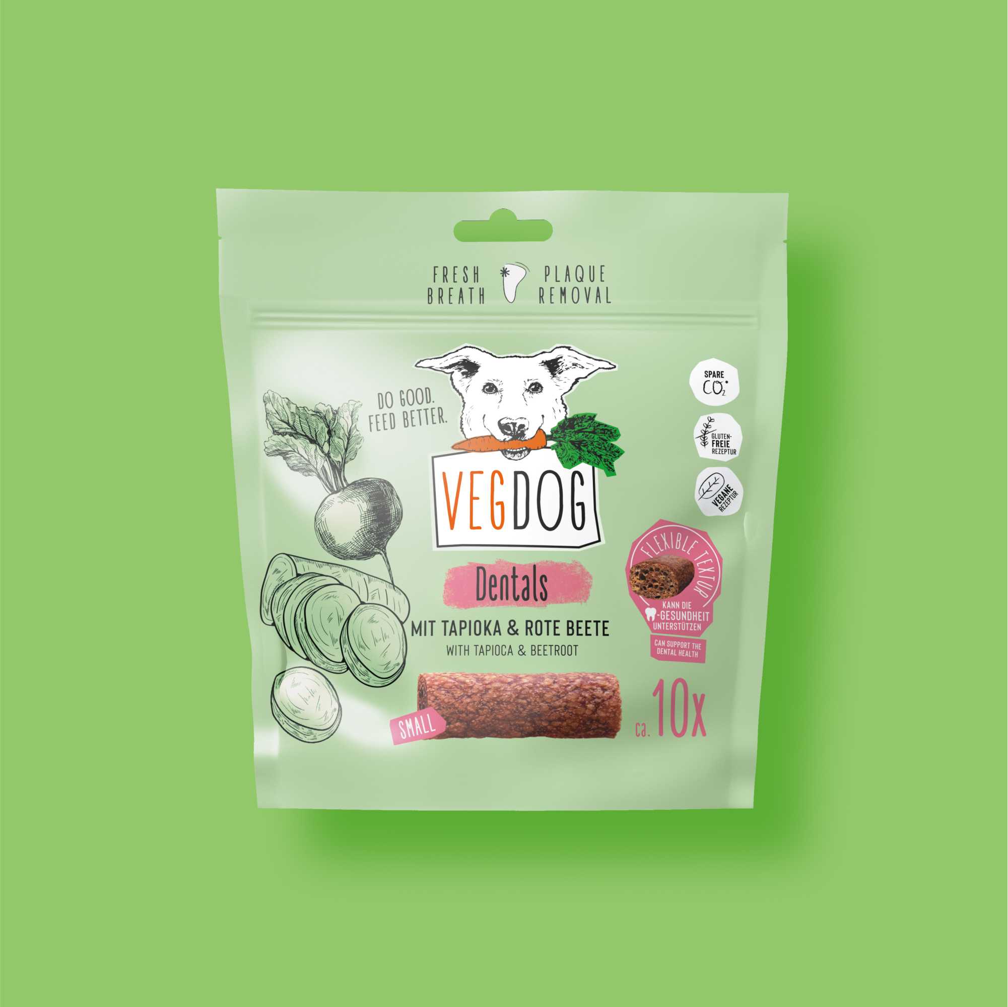 VegDog dental treats packaging on a green background