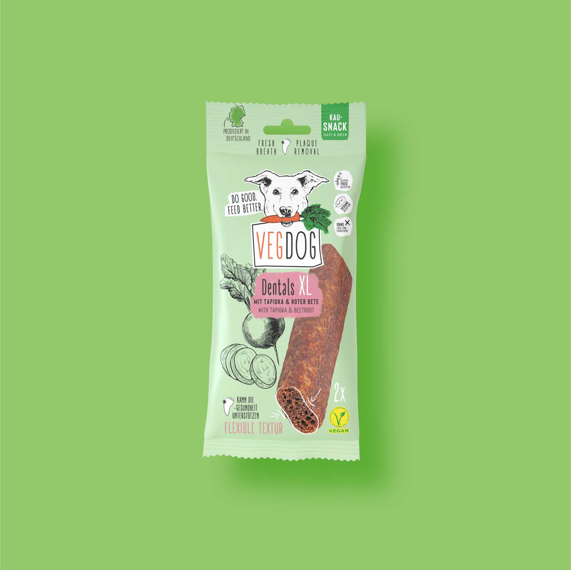 VegDog dental treat package on a green background