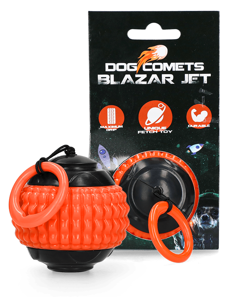 Orange and black dog toy with packaging displaying &