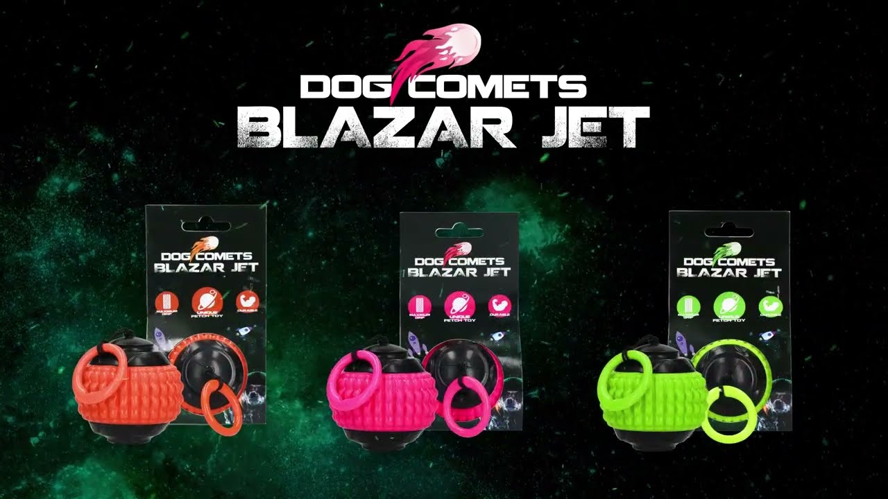 Dog Comets Blazar Jet product packaging with three color options on a space-themed background.