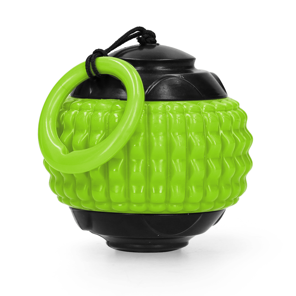 Green and black textured ball with handle on a transparent background