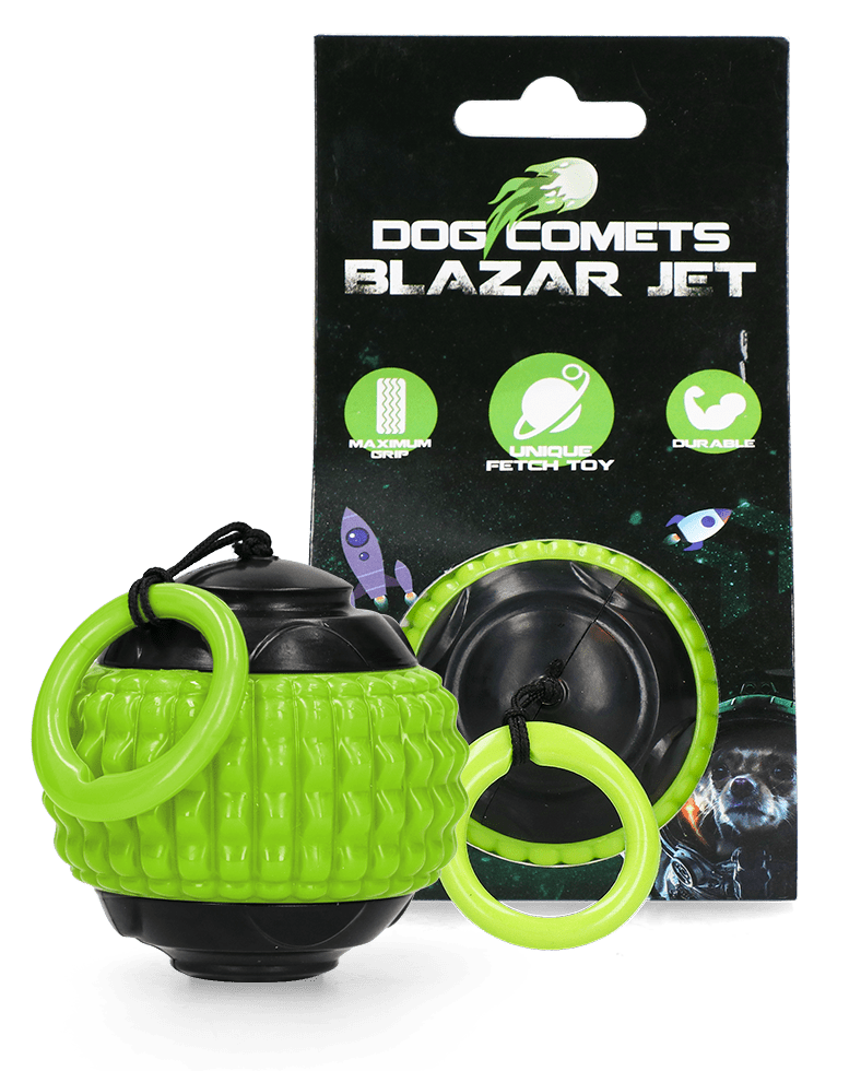 Green and black dog toy with packaging labeled &