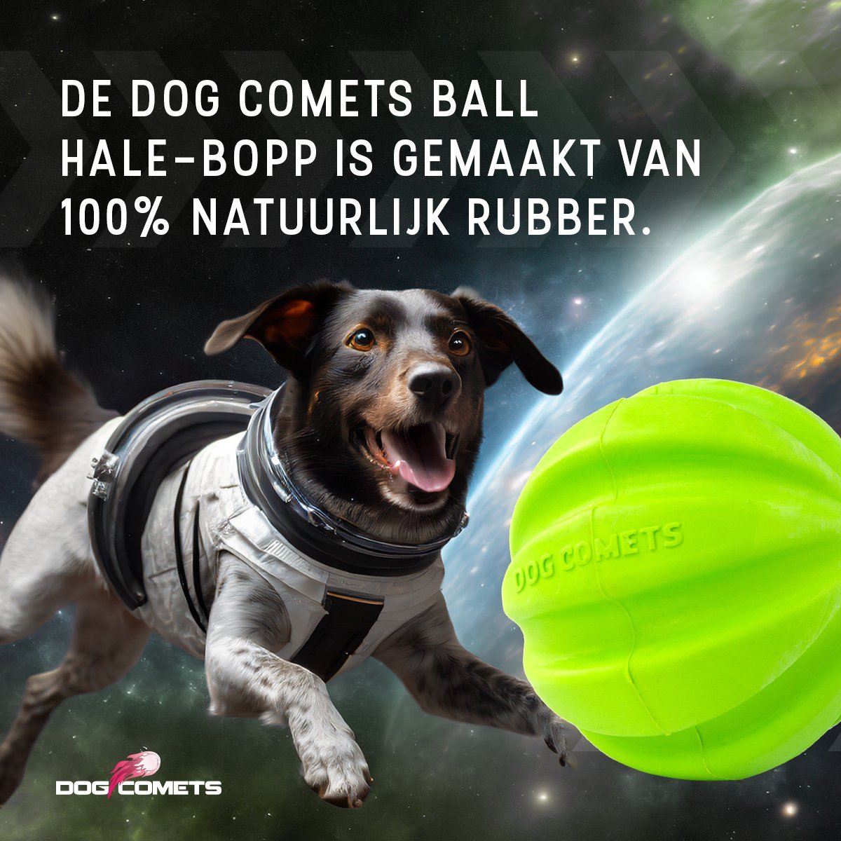 Dog in space suit holding a green ball with space-themed background