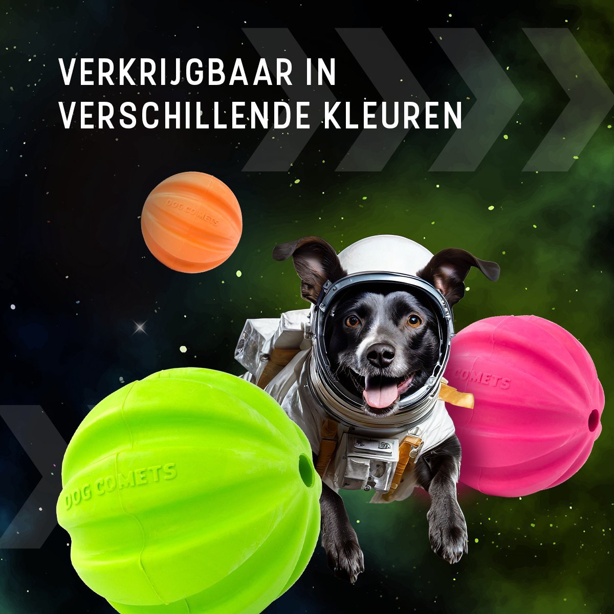 Dog in astronaut suit with space-themed background and colorful balls
