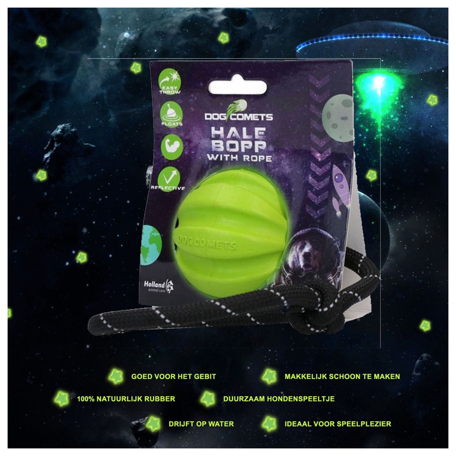 Green ball with packaging on a space-themed background