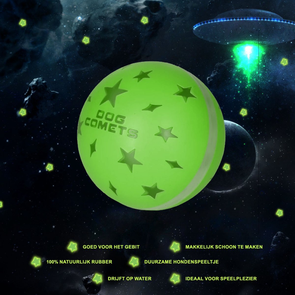 Green dog toy with star patterns on a space-themed background