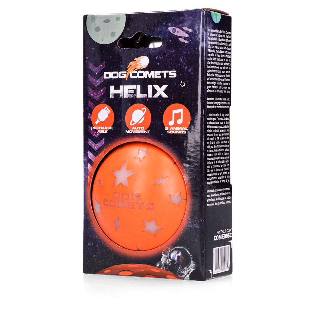 Box of Dog Comets Helix ball with space-themed design