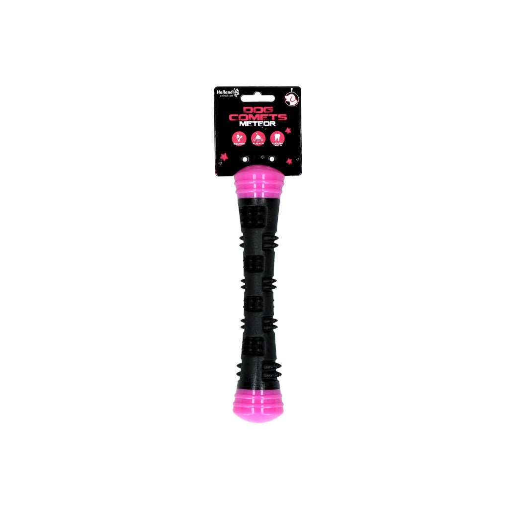 Black and pink duster with packaging on a white background