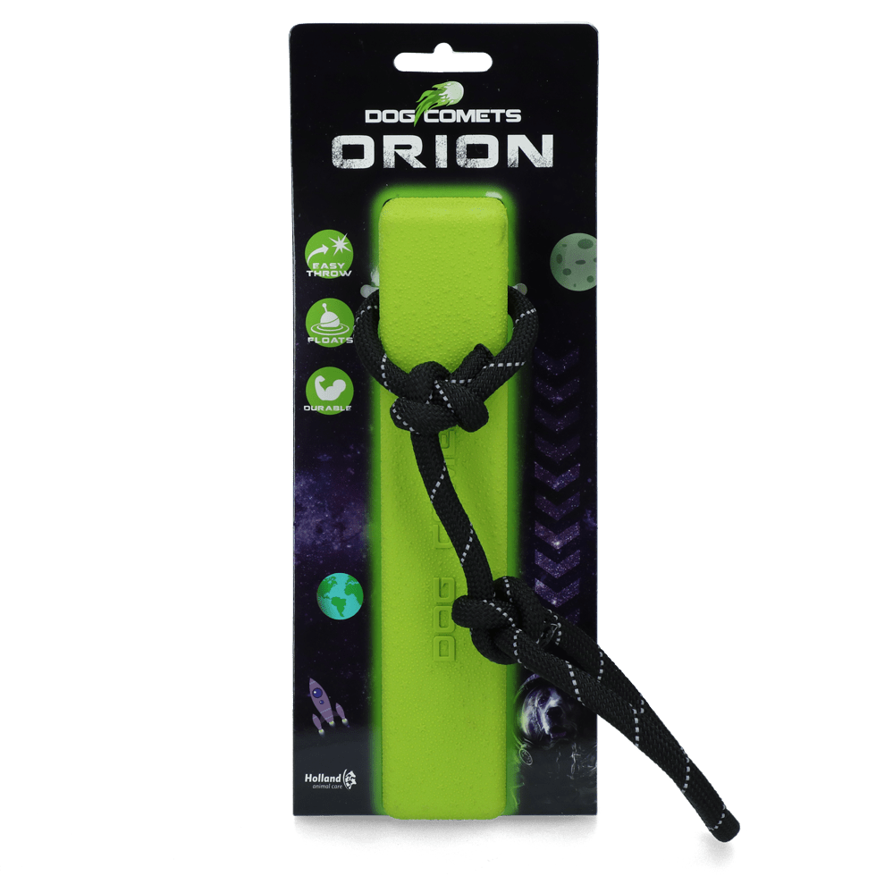 Green dog toy with black handle in packaging labeled &