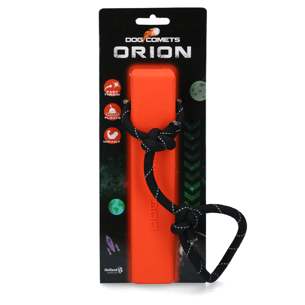 Packaged orange dog toy with black handle and &