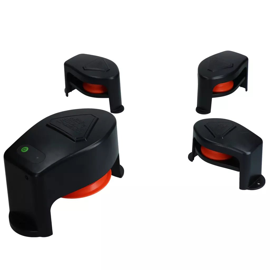 Four black and red electronic devices on a white background