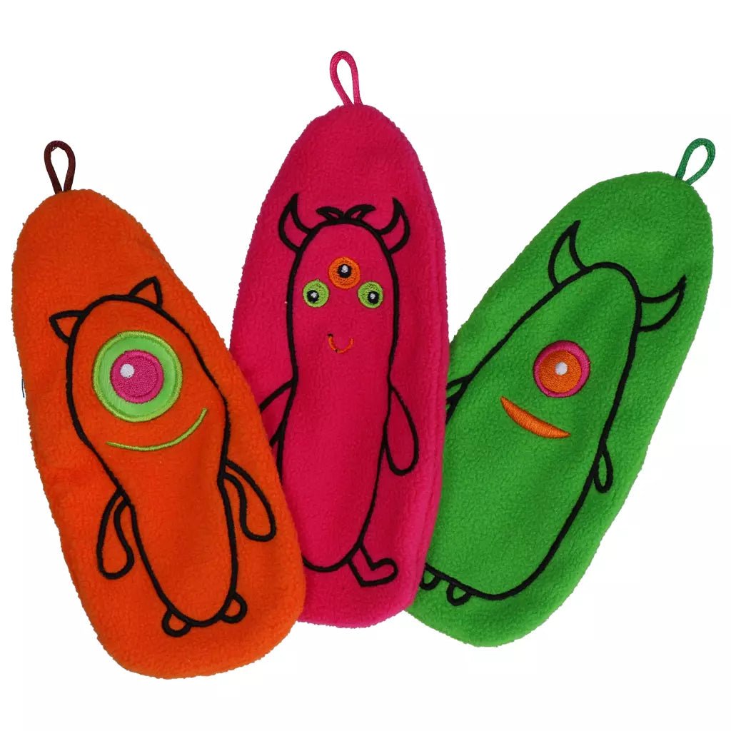 Three colorful bath mitts with cartoon designs on a white background