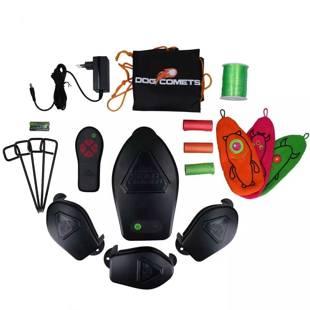 Collection of dog training equipment and accessories on a white background