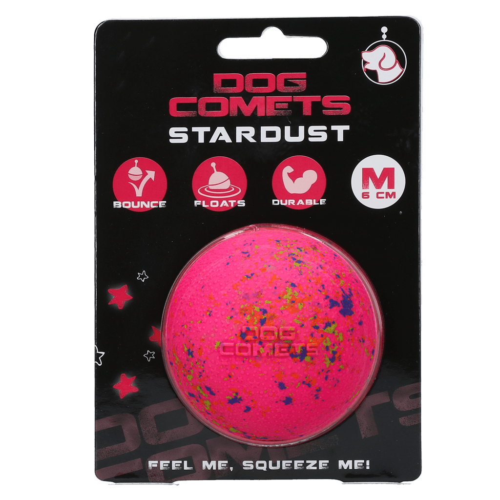 Pink dog toy ball with confetti on a black packaging displaying &