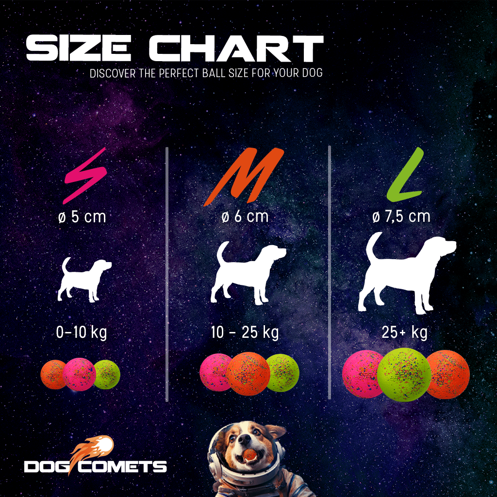 Size chart for dog balls with illustrations of dogs and balls on a space-themed background, featuring the brand &