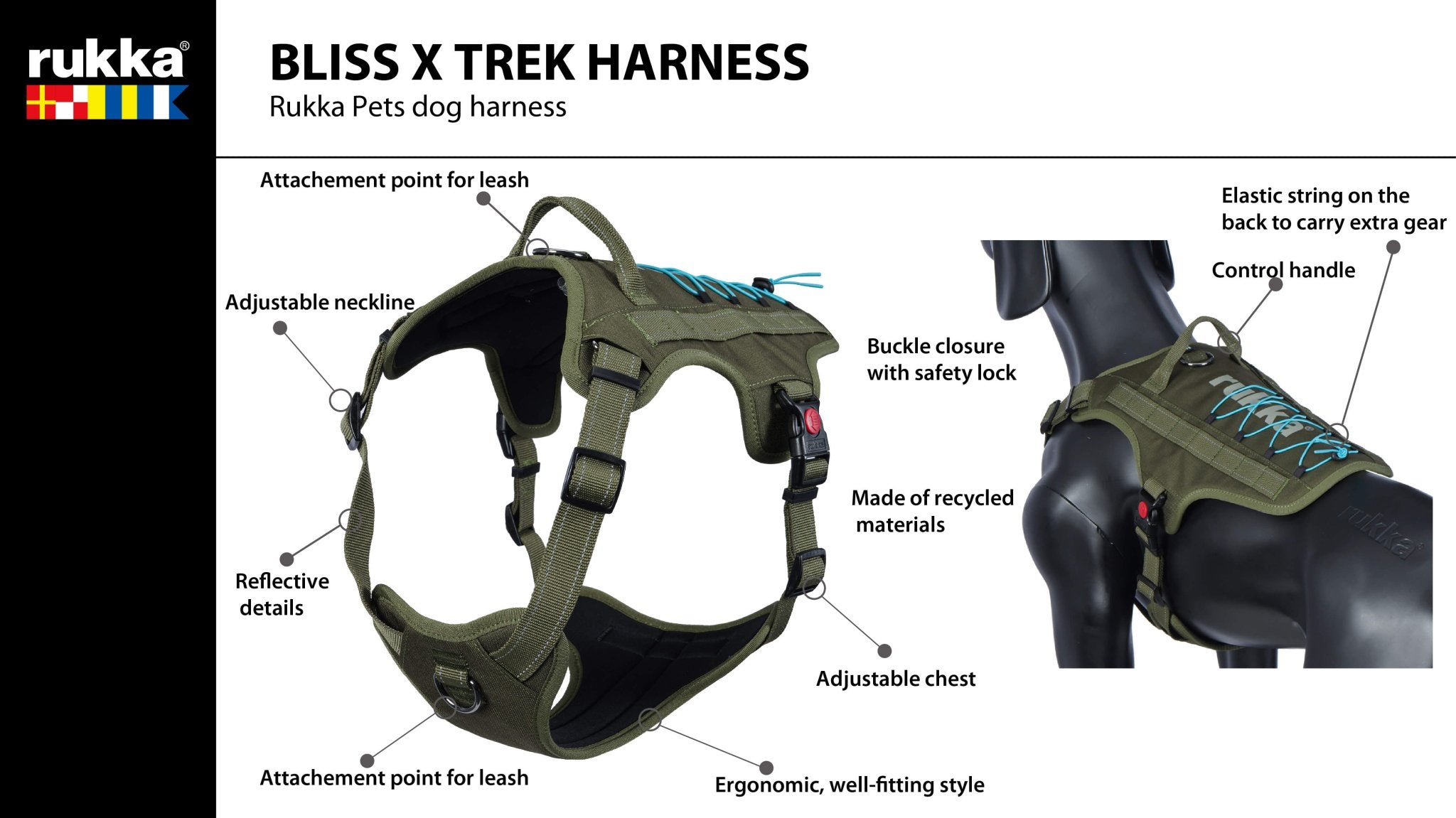 Rukka Bliss X Trek harness with features labeled on a white background