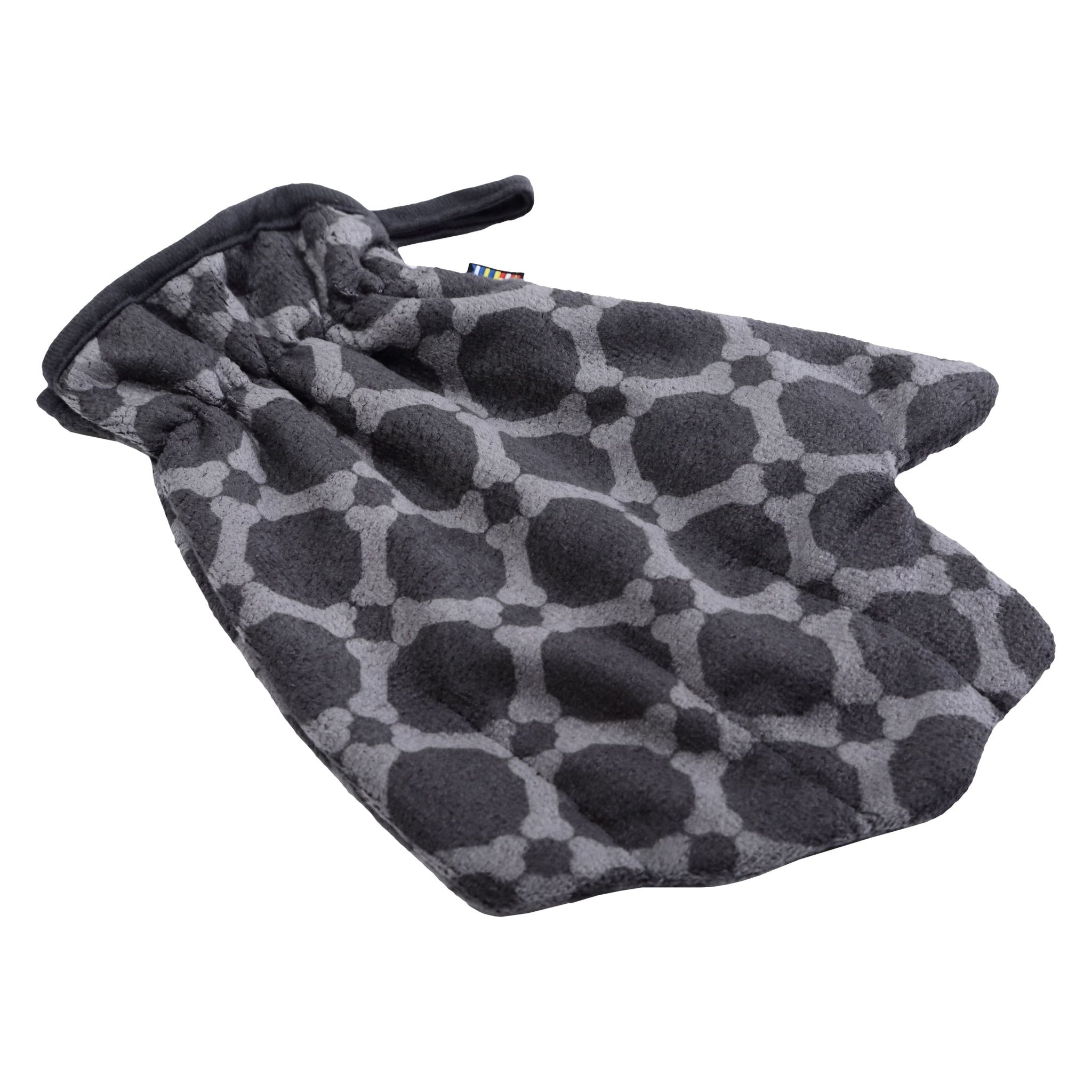 Gray textured pouch with drawstring on a white background