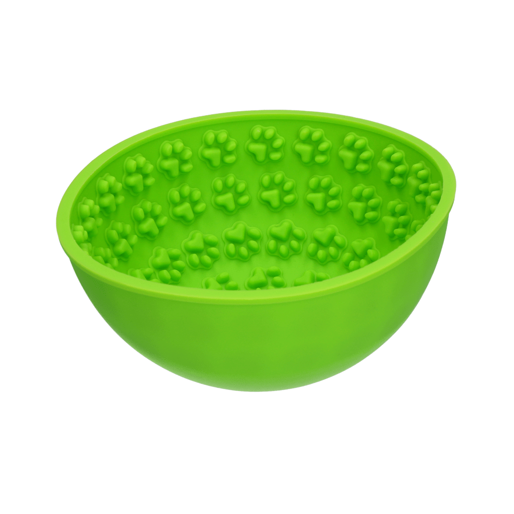 Green bowl with paw print pattern on a transparent background