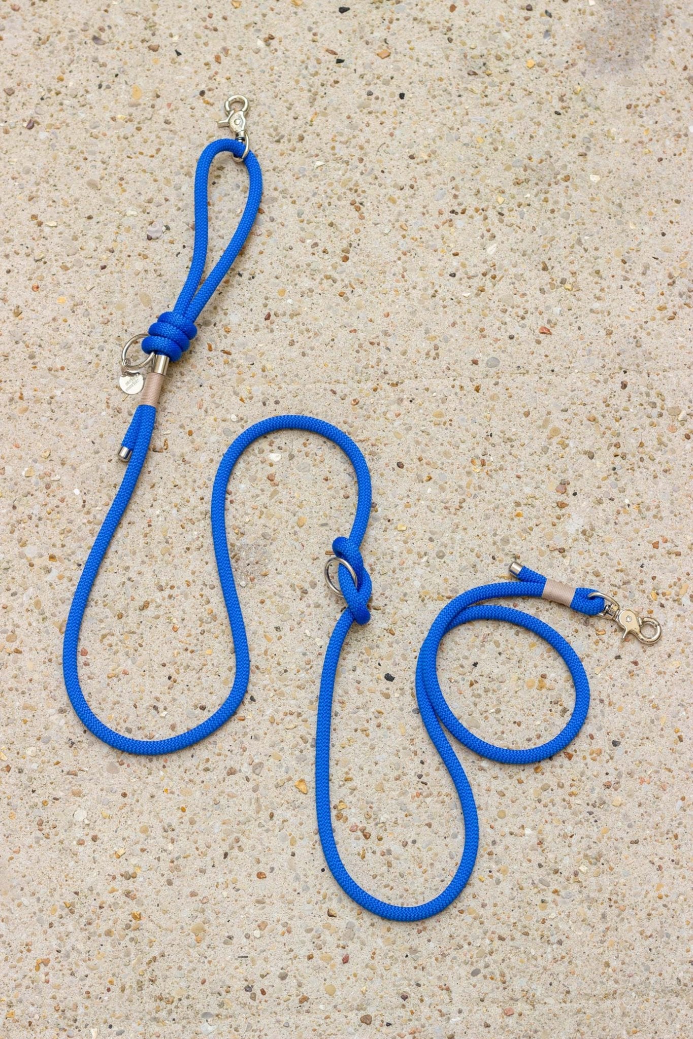 Three blue dog leashes on a beige sand-like surface