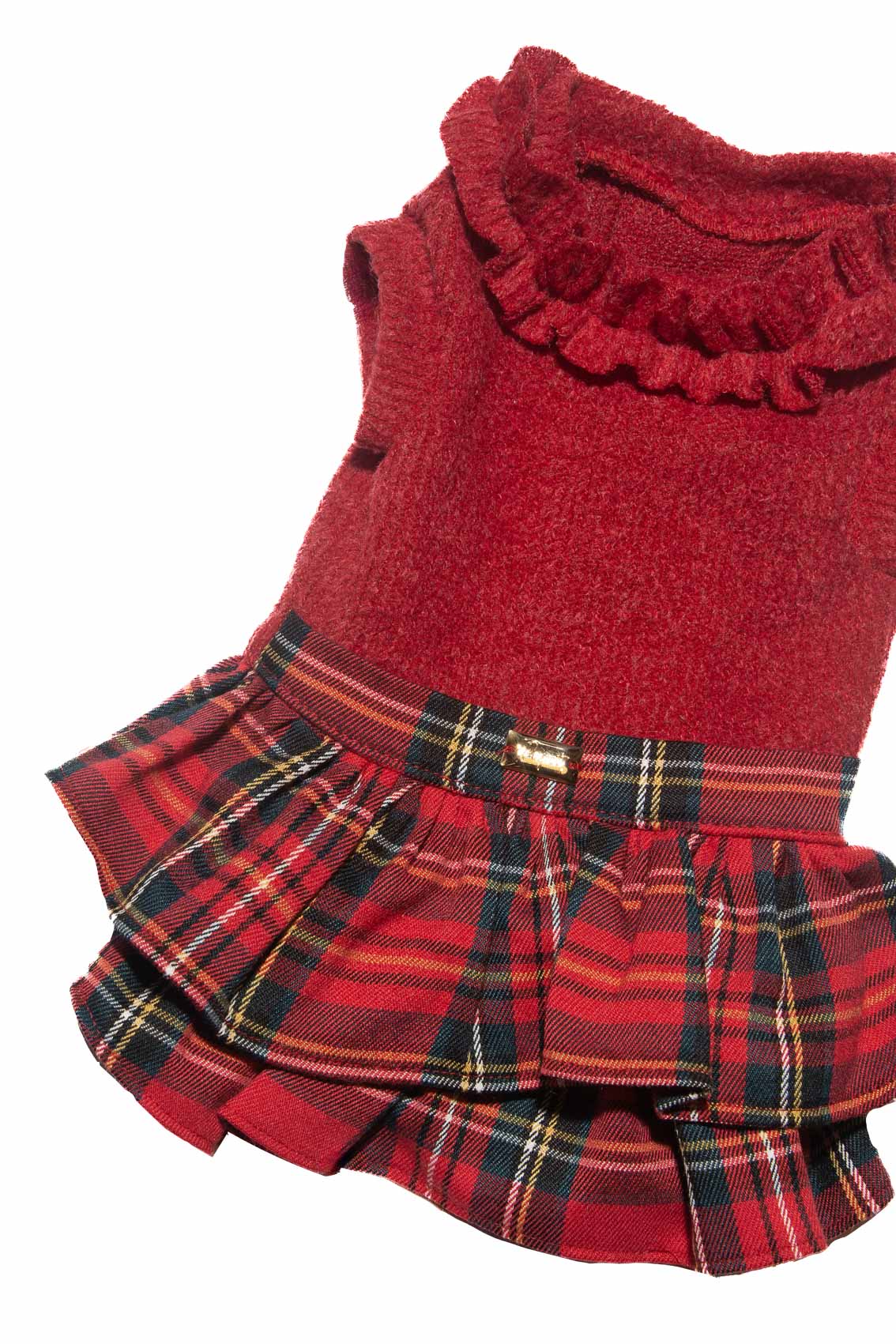 Red pet dress with plaid skirt on a white background