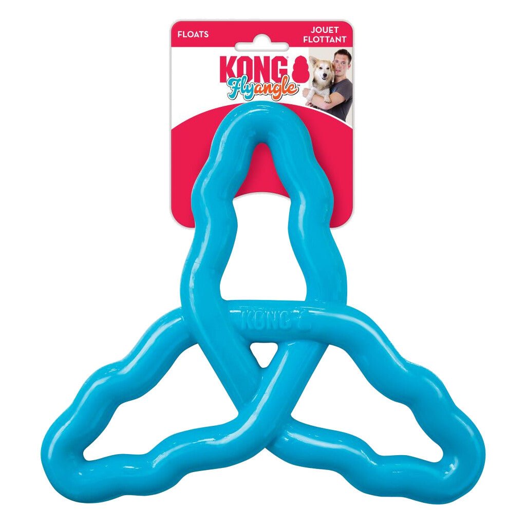 Blue KONG Triangle dog toy on a white background with packaging above it.