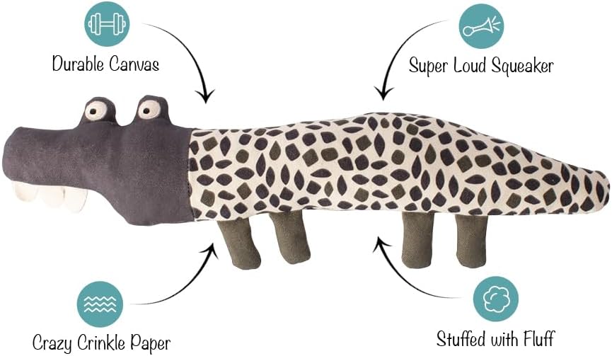 Dog toy shaped like a crocodile with features highlighted on a white background