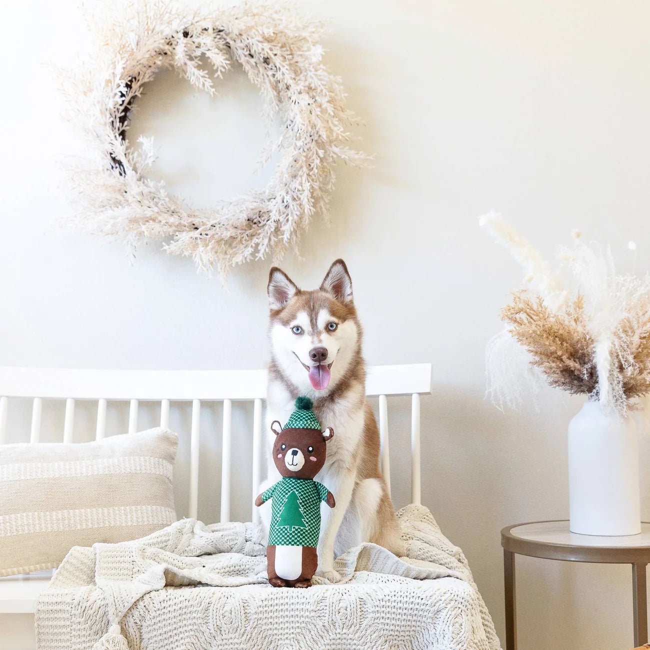 Dog sitting on a bed with a teddy bear toy, decorative wreath, and vase in the background.