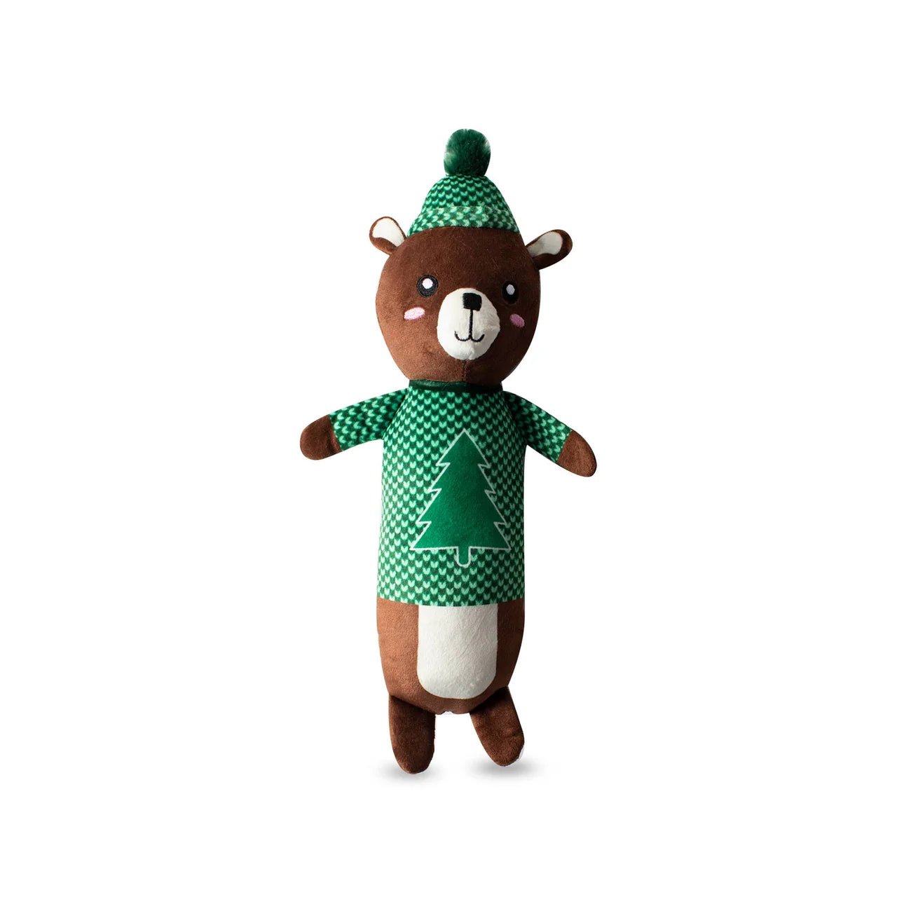 Stuffed bear toy wearing a green checkered outfit with a tree design on a white background
