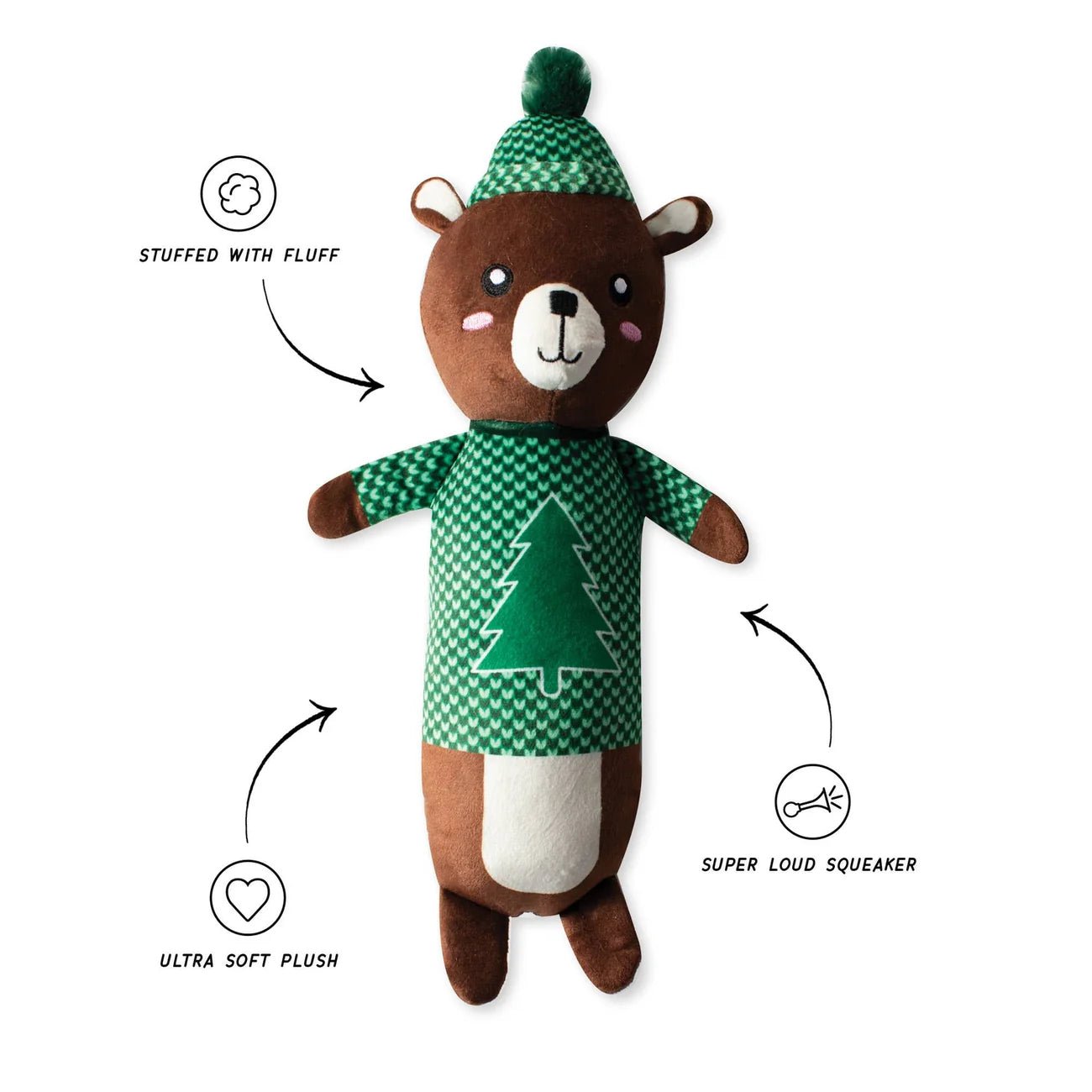 Stuffed toy bear with green outfit and hat on a white background