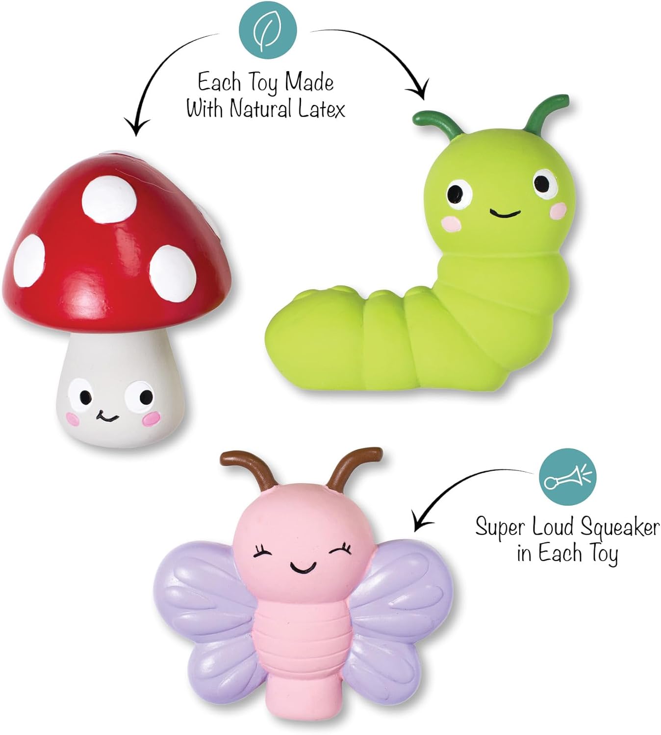 Three colorful toys shaped like a mushroom, caterpillar, and butterfly with text about natural latex and squeezer sounds.