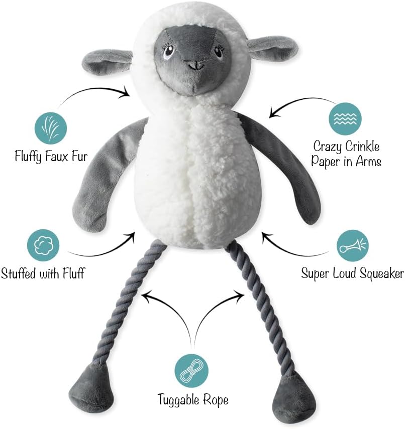Plush toy sheep with features highlighted on a white background