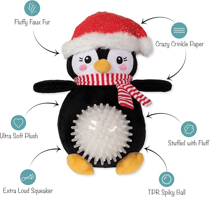 Penguin plush toy with features highlighted on a white background