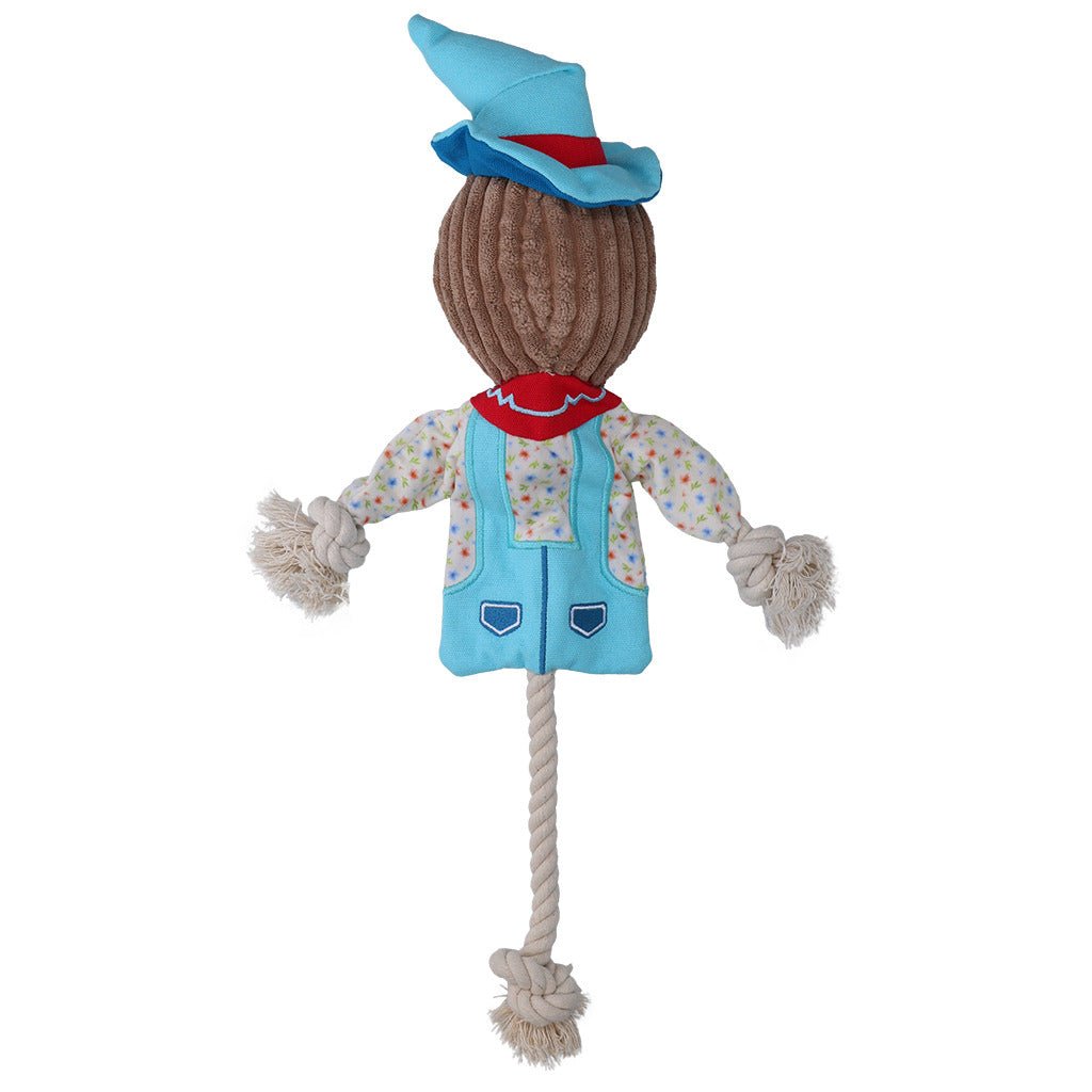 Toy figure of a cowboy with a rope, wearing a blue hat and vest, on a white background